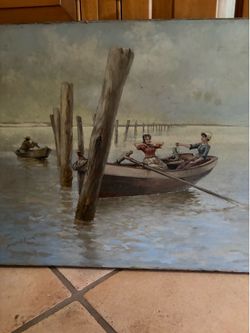 Antique Circa “1890” Birdsall D. Paine Signed Oil Painting on Canvas – Maritime Harbor Scene with Fisherwomen