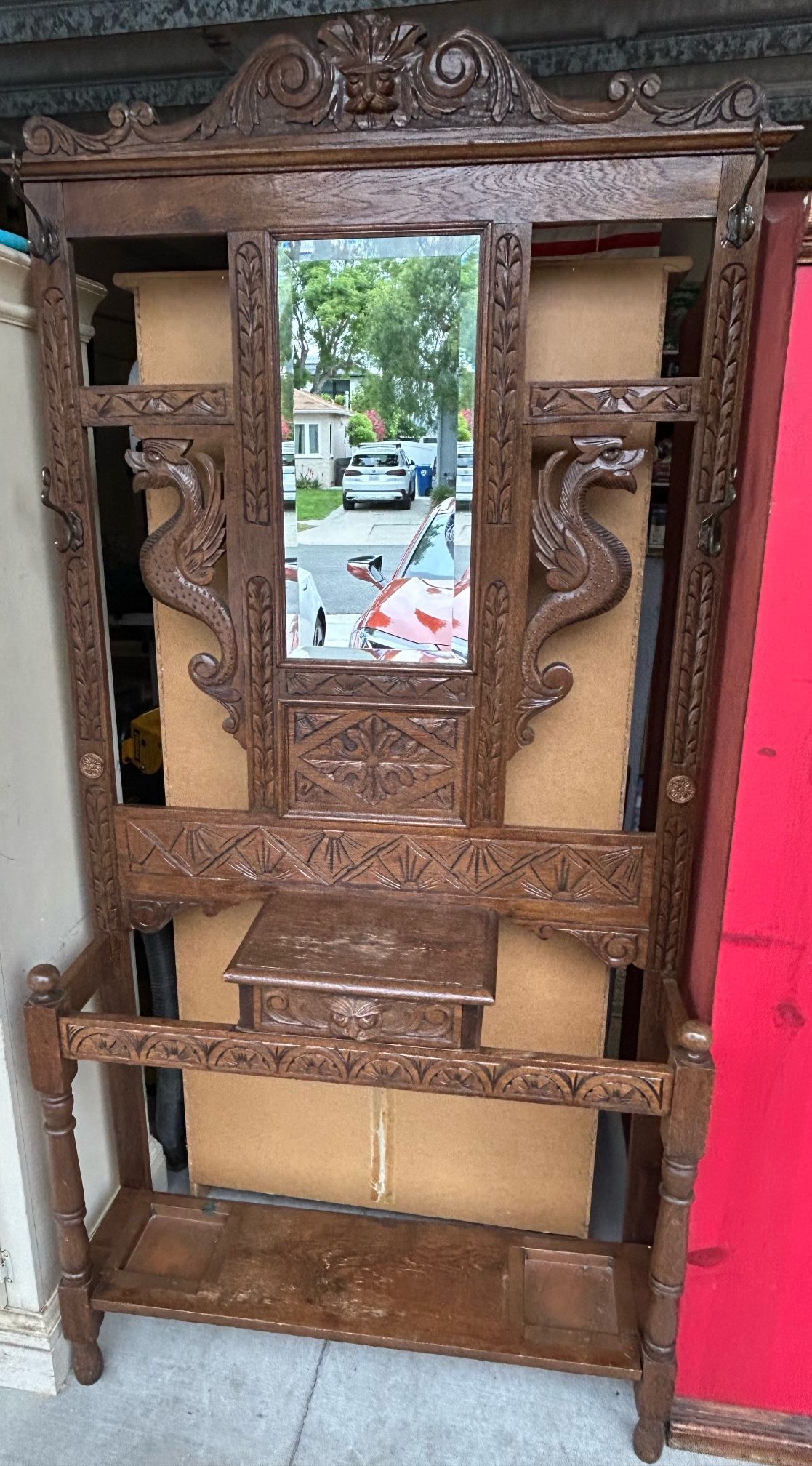 Antique-Style Hall Tree with Mirror, Hooks & Storage – Custom Carvings!