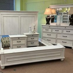 Whitewash Bedroom Set Queen or King Bed Dresser Nightstand Mirror Chest Options Kanwyn
