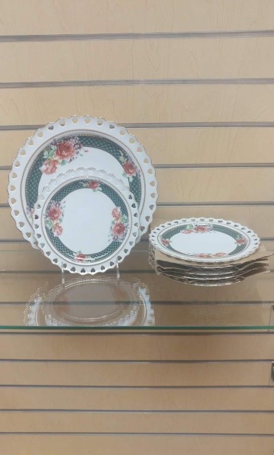 7pc _ Porcelain Cake / Dessert set - $39.99 ( NEW ) 1 platter & 6 plates. Green _ Gold _ Pink