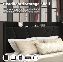 Full Size Black velvet bed with charging station (NEW)