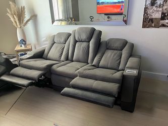 Gray Leather Power Recliner Sofa