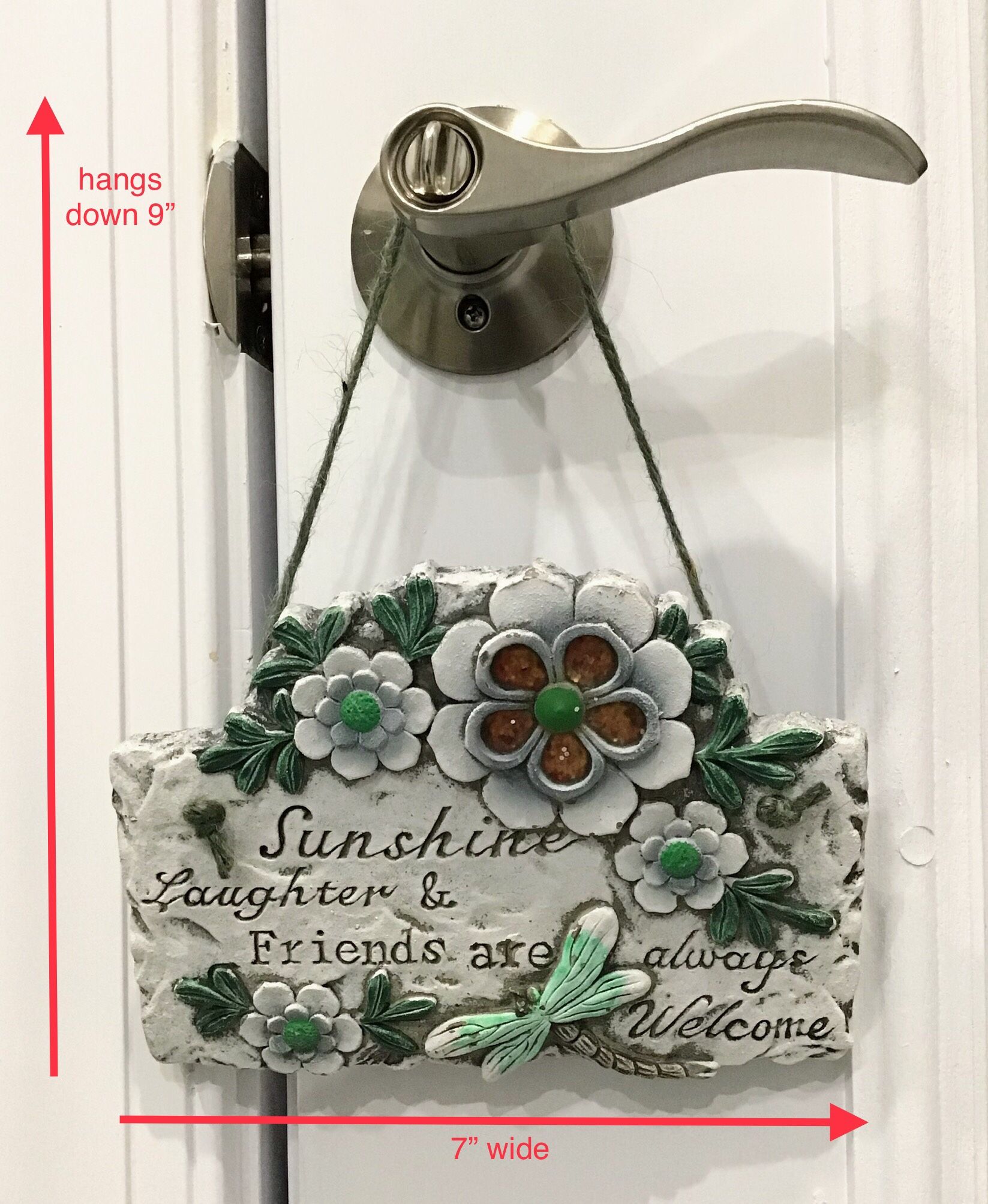 Small “Sunshine, Laughter & Friends…” Hanging Stone Plaque on Green Twine
