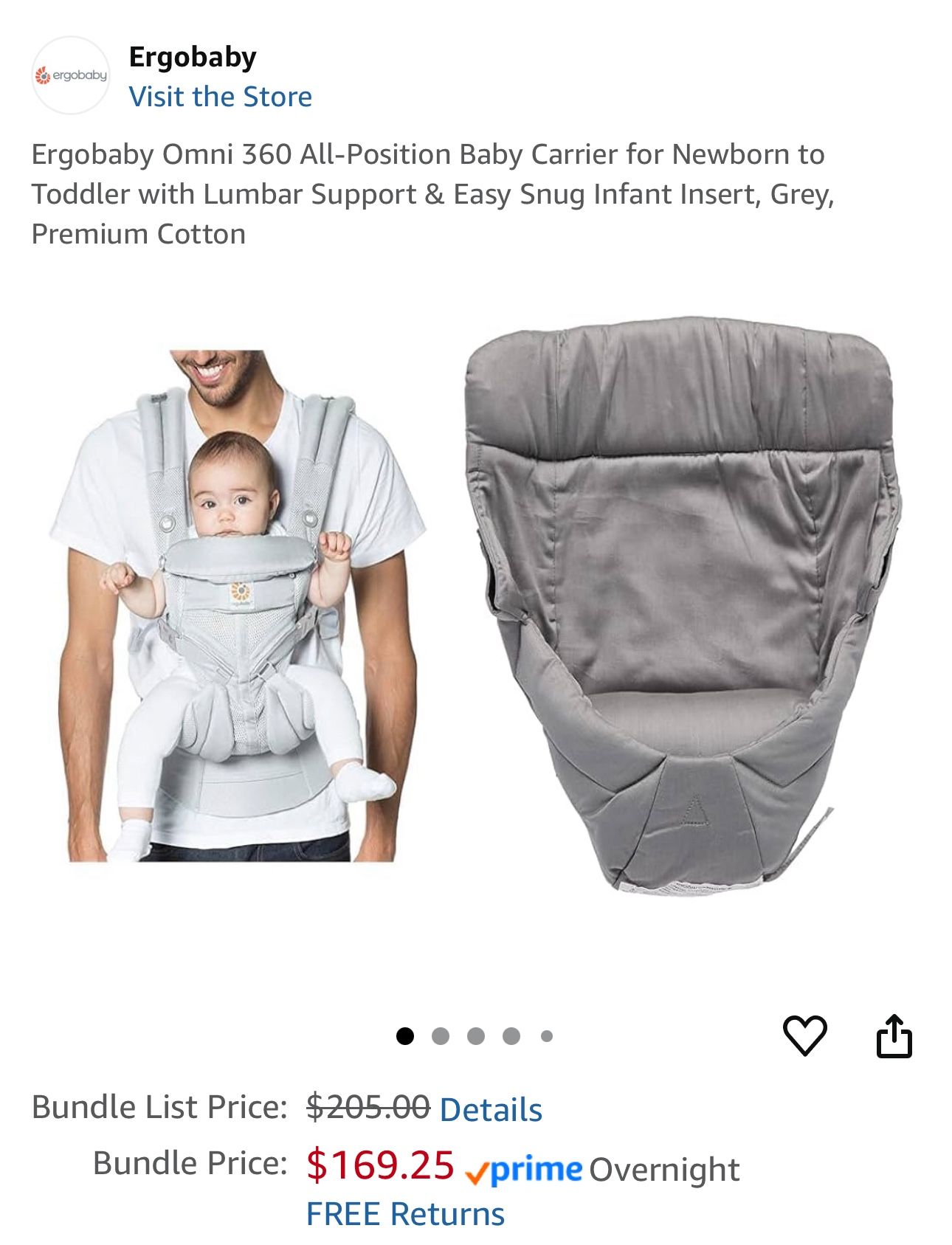 Ergobaby Omni 360 All-Position Baby Carrier for Newborn to Toddler with Lumbar Support & Easy Snug Infant Insert, Grey, Premium Cotton