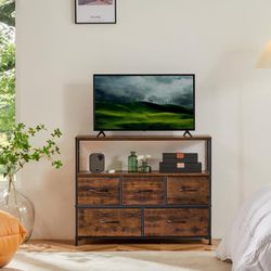 TV Stand for Bedroom, TV Dresser for 45 inches, Media Console Table, Entertainment Center with 5 Fabric Drawers Cabinet and Open Storage Shelf