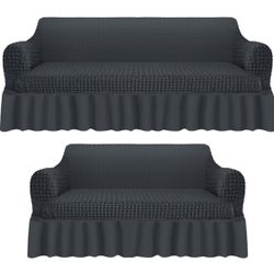 Sofa Cover With Skirt 2 Pieces Dark Gray