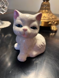 Vintage White Ceramic Cat Blue Eyes Figurine