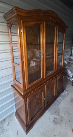Lighted Vintage 1980s Solid Wood China Cabinet & Hutch (With Hidden Drawer)