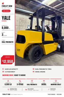 YALE 8,000 lb DIESEL forklift,3 stage , DOUBLE PNEUMATIC TIRES