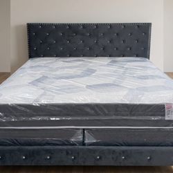 New DIAMOND BED FRAME KING SIZE GRAY BED FRAME WITH MATTRESS BED SET 3PCS FREE DELIVERY // CAMA KING COMPLETA 