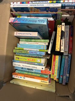 Box of various young age, baby, preschool, toddler age book.