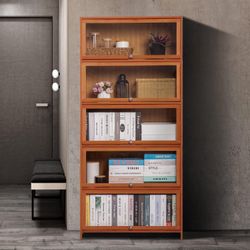 Bamboo Bookcase with Acrylic Doors 5 Tier Free Standing Book Shelf Storage Organizer