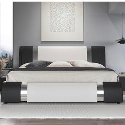 Modern King Faux Leather Bed Frame with Iron Pieces Decor, White/black B-11