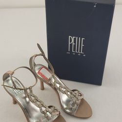 Pelle Moda Womens Glass Tone Heel Leather Ankle Strap Sandal Taupe Silk Size 6.5