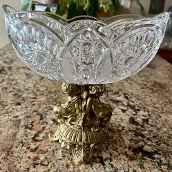 Antique Vintage Hollywood Regency Victorian Scallops Rim Crystal Gold Metal Pedestal Footed Decorative Bowl