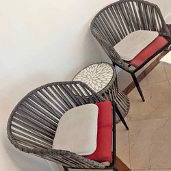 Mid-Century Modern 3pc Bistro Set - Wicker Tub Chairs & Sunburst Table