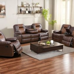 New Brown  Leather 3pc Reclining Set W/Storage Compartment Built In Cup Holders & Drop Down Table