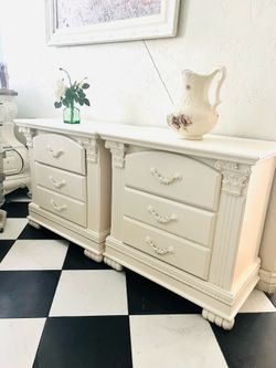 Matching White Ornate 3-Drawer 2 Nightstand Set