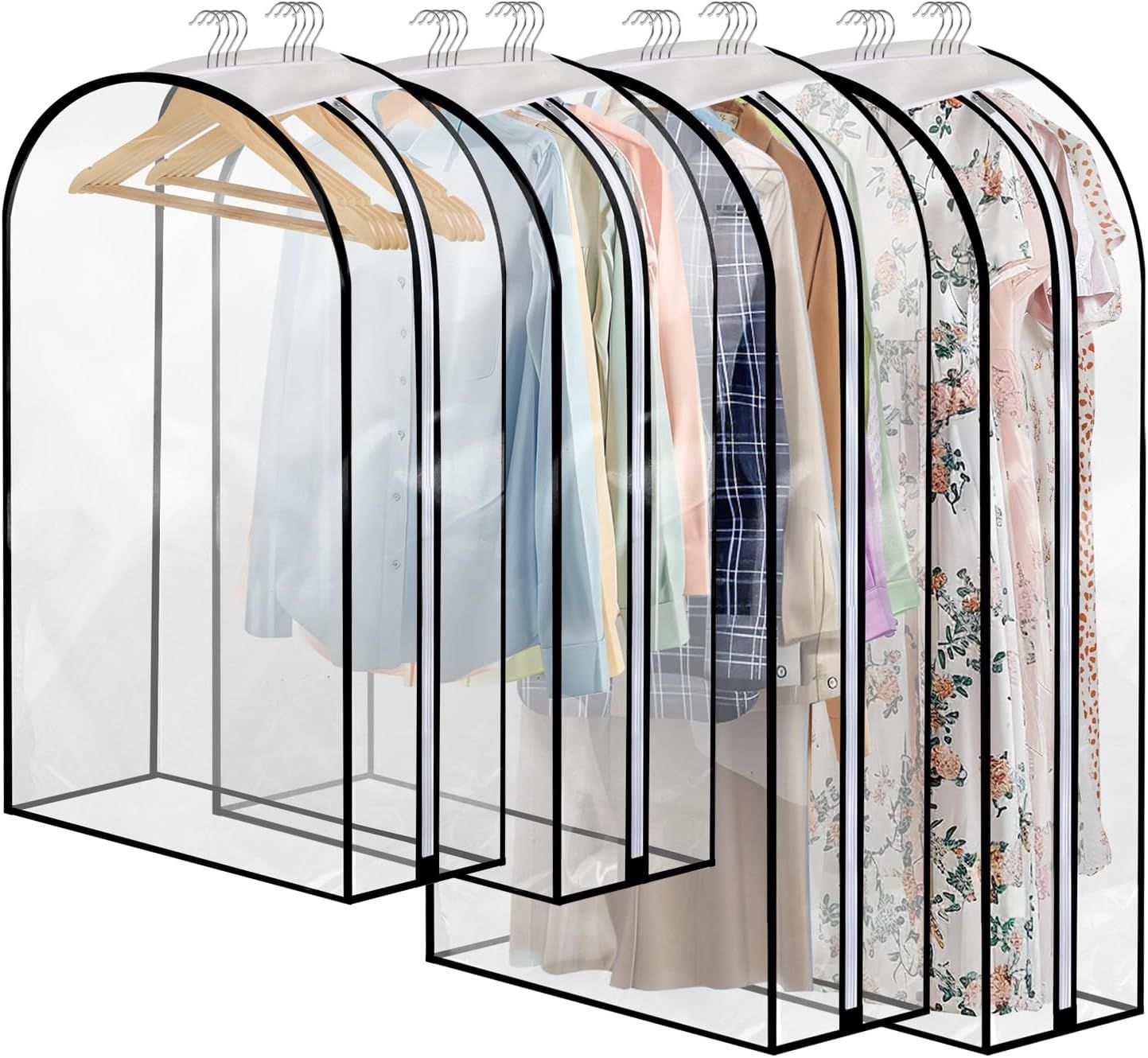 4 Pack Full Clear Garment Bags (40&50"), Clothes Covers with 10" Gusseted, Clear Bags for Hanging Clothes, Suit Bags, Coat Covers for Closet with Side