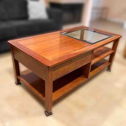 Wood Coffee Table W/ Glass Inlay & Drawer