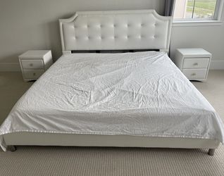 White California King Size Bed And 2 White Night Stands