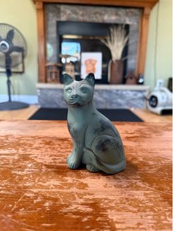 Vintage Primitive Folk Art Cat Figurine – Distressed Green Black Statue