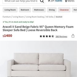 Araceli II Sand Beige Fabric 95" Queen Memory Foam Sleeper Sofa Bed