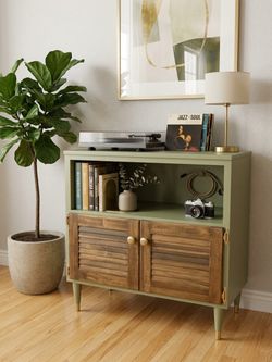 Mid-Century Modern Olive Green & Wood Credenza / Media Console
