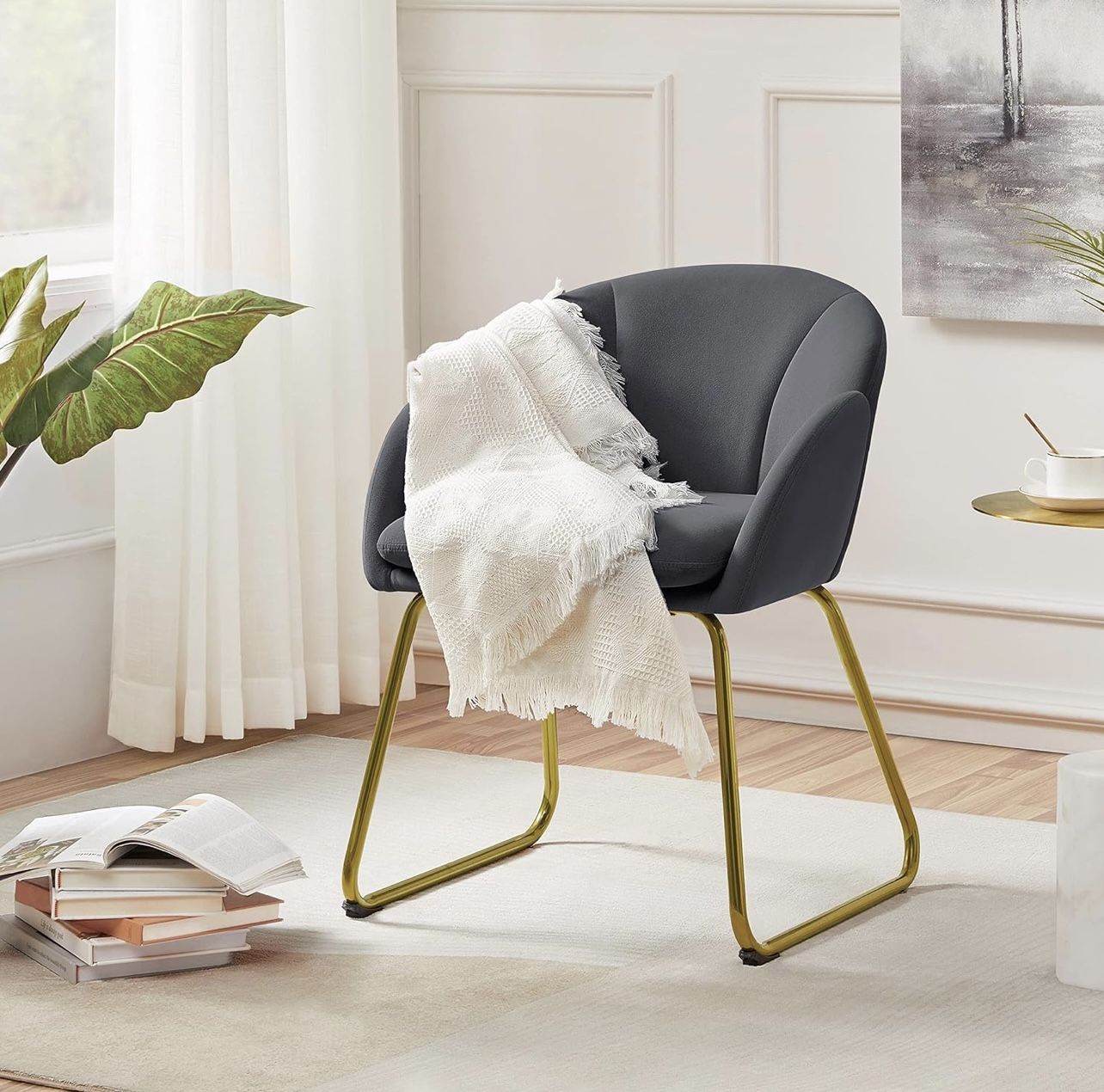 Flower Shape Velvet Armchair, Modern Side Chair Vanity Chair with Golden Metal Legs for Living Room/Dressing Room/Bedroom/Home Office/Kitchen, Dark Gr