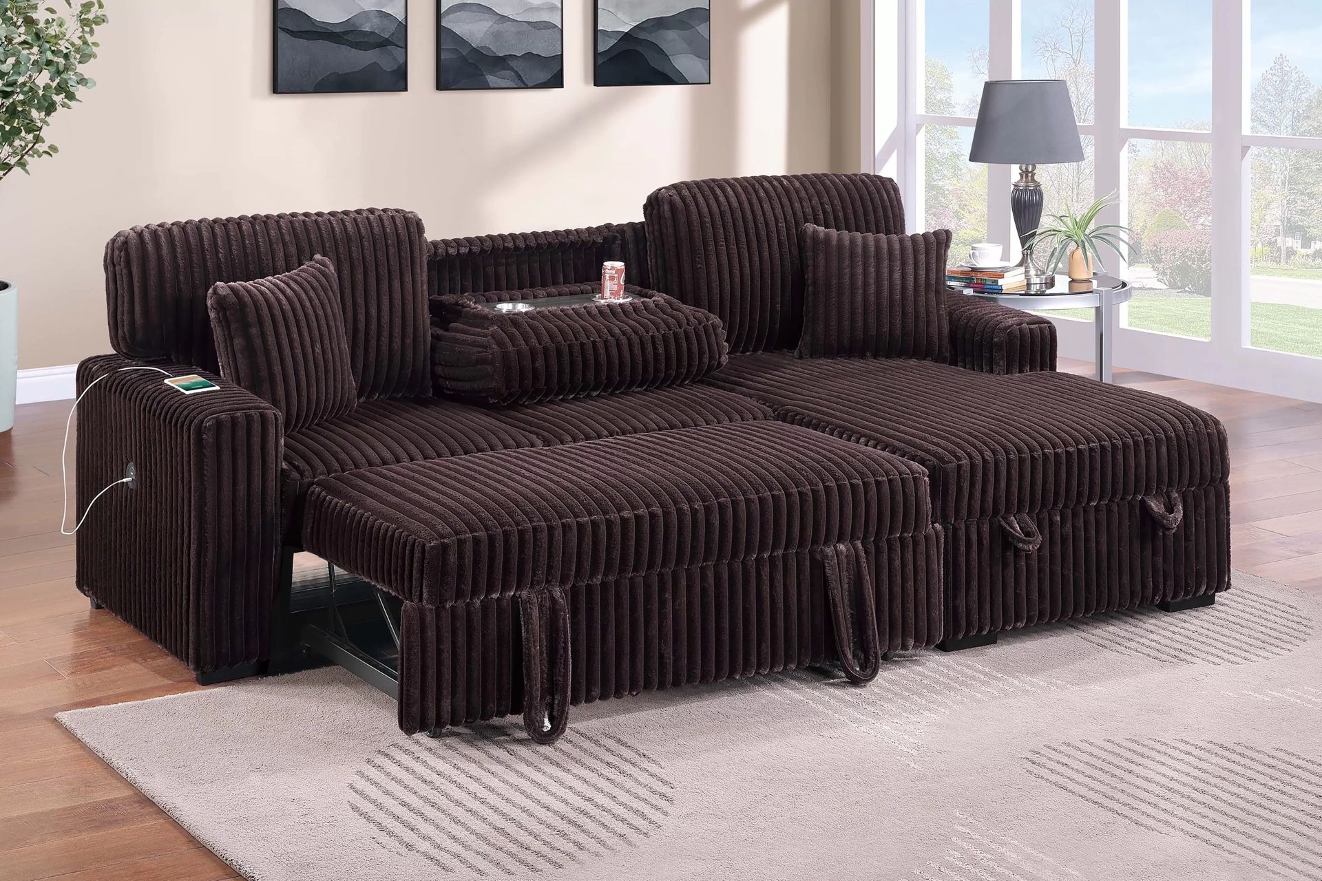 2pc Convertible Sectional Pull Out Sofa with Fold Down Table & Cup Holder + USB Port + Storage Chaise