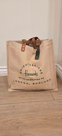 Brand New Harrods Knightsbridge London Beige Canvas Tote with Brown Leather Handles