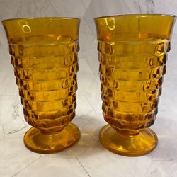 Set of (2) Vintage Indiana Glass Whitehall Colony Amber Gold Cubist Tumblers 6" tall. 