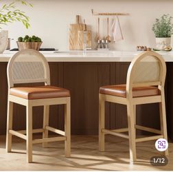 Cane Back Counter Stools with Leather Seat – Set of 2