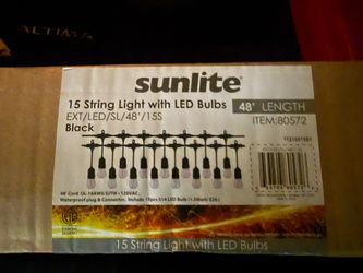 “Sunlite 48 ft Outdoor LED String Lights – 15 Bulbs – Brand New.”
