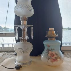 2 Antique Lamps, 1 Handpainted Oil Lamp