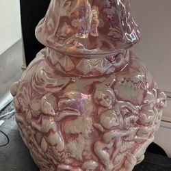 Vintage 3D Pink Cherub Ceramic Vase Urn