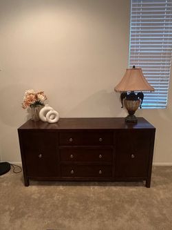 Dark Wood Dresser with Drawers and Side Cabinets
