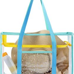 Beach Bags for Women - Clear Tote Bag for Women with Waterproof Pocket, PVC Beach Tote Bag Sandproof for Pool, Travel