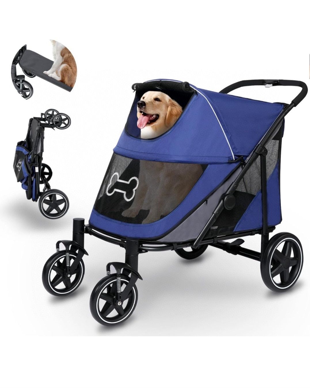 Thirdream Dog Stroller for Large Dogs Up to 80 lbs One-Click Foldable Medium Dogs Pet Stroller with Access Ramp, Storage, Breathable Mesh Window and S