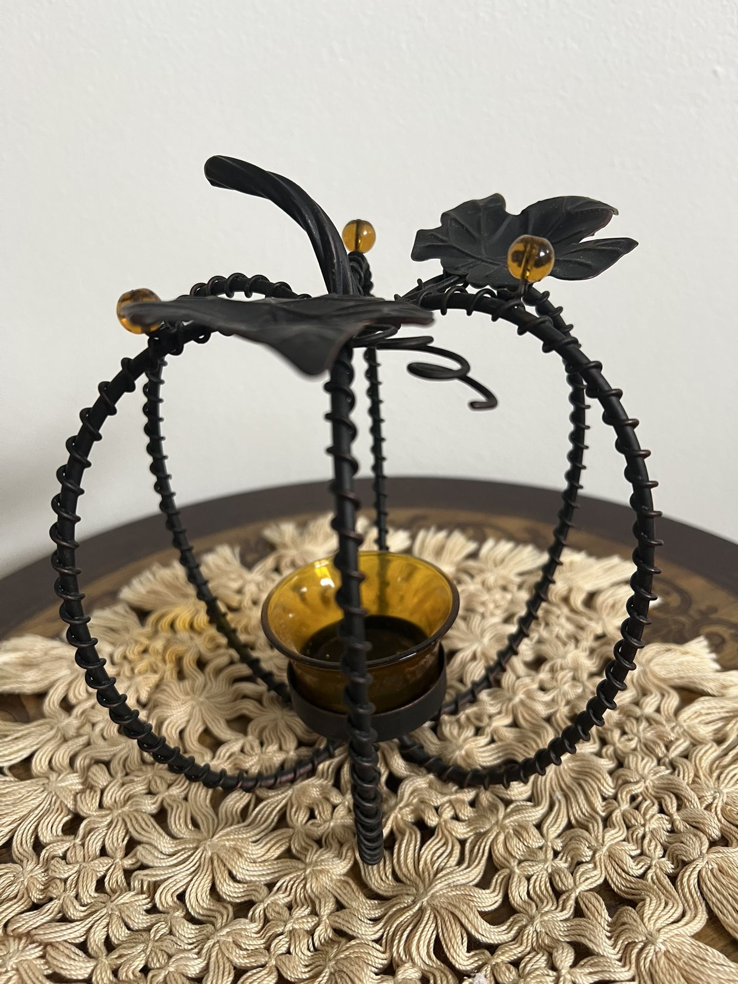 Bronze Pumpkin Tealight Candle Holder with Amber Glass