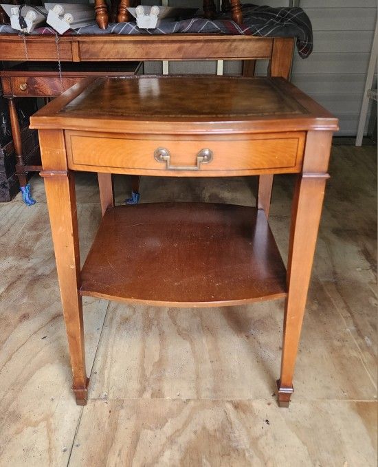 Vintage Mahogany End Table with Tooled Leather Top & Drawer