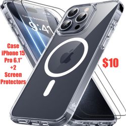 iPhone 15 Pro Case Clear, Upgraded Magnet [2 Screen Protector] [Compatible with MagSafe] [Non-Yellowing] Military-Grade Protection Magnetic Phone Cove