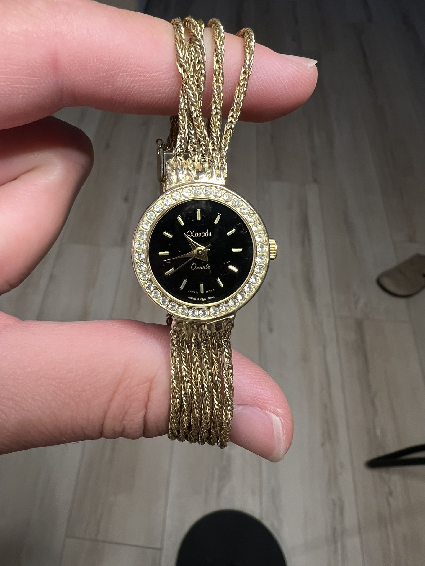 Vintage Xanadu Ladies Gold Dress Watch - Crystal Bezel & Rope Chain - NEW BATTERY