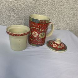 World Market 3 Piece Tea Mug & Infuser w/ Lid - Red Boho Cup