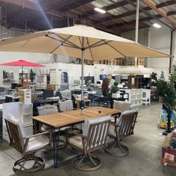 Assembled New 7 Pcs Outdoor Dining Table Set w/ 13ft Umbrella and Base 6 x Metal Swivel Chairs