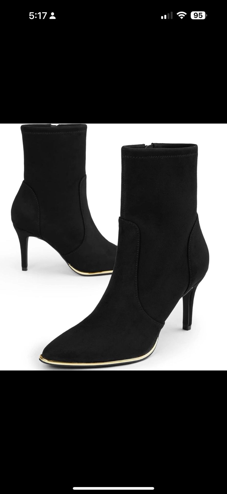 Black Suede Pointed High-Heel Booties w/Gold Trim