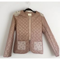 QUIET LUXURY!!!Wanl Eemey Pink quilted zip up jacket High Quality Pearls Size 38