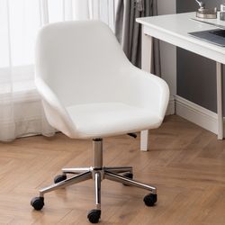 Pearl White Swivel Leatherette Bucket Chair Padded Adjustable Rolling Home Office Mid-Back Upholstery Chair, Swivel