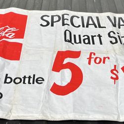 Vintage Coca Cola special value quart size bottle cloth banner 56x34