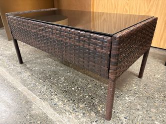 Brown Wicker Outdoor Coffee Table w/ Black Glass Top